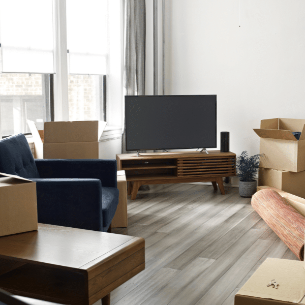 Packed moving boxes prepared for a move-out cleaning service